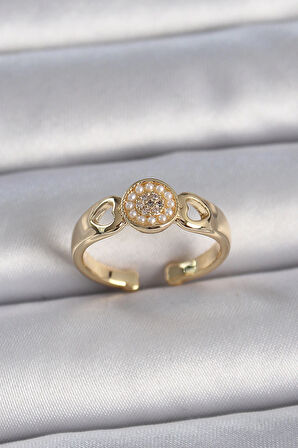 Dodes Pirinç Gold Renk Zirkon Taşlı İncili Kalp İşleme Detay Ayarlanabilir Kadın Yüzük TG27BYK3358