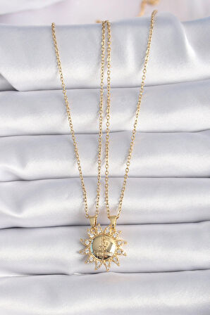 Dodes Dodes 316L Çelik Gold Renk Zirkon Taşlı Güneş Model İşleme Yazı Detay Arkadaş Kolyesi TG27BKO9288