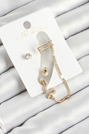 Dodes Dodes Pirinç Yılan Figürlü Zirkon Taşlı Gold Renk 3'lü Kıkırdak Kadın Küpe Set TG27BKP10664