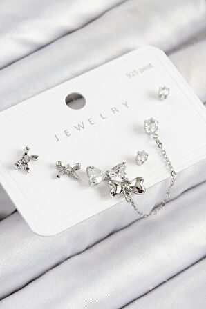 Dodes Pirinç Zirkon Taşlı Fiyonk Model Gümüş Renk 925 Ayar Gümüş Çivi Kadın Küpe Set TG27BKP11173