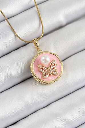 Dodes 316L Çelik Zincir Zirkon Taşlı Pembe Sanatsal Portre İnci Detaylı Kelebek Model Gold Renk Kadın Kolye TG27BKO10276