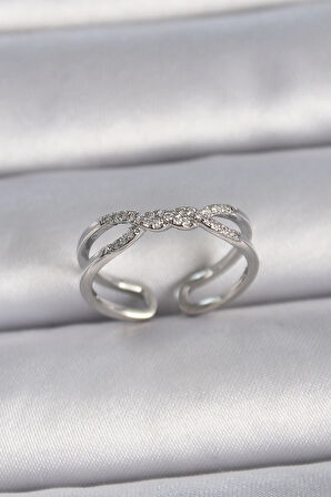 Dodes Pirinç Gümüş Renk Ayarlanabilir Zirkon Taşlı Sarmal Model Kadın Yüzük TG27BYK3401