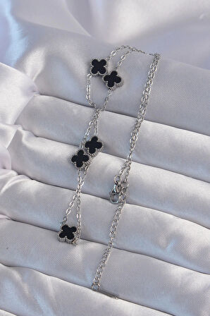 Dodes 316L Çelik Gümüş Renk Minimal Siyah Mineli Yonca Kolye TG27BKO9003