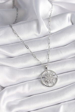 Dodes Dodes 316L Çelik Gümüş Renk Zirkon Taşlı Güneş Madalyon Model Kadın Kolye TG27BKO9529