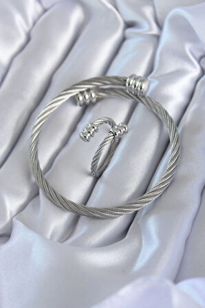 Dodes 316L Çelik Gümüş Renk Sarmal Model Erkek Bileklik Yüzük Kombini TG27EB3689