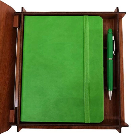 Dodes Dekoratif Yeşil Deri Kaplama Defter Ahşap Kutulu Hediyelik Vip Set