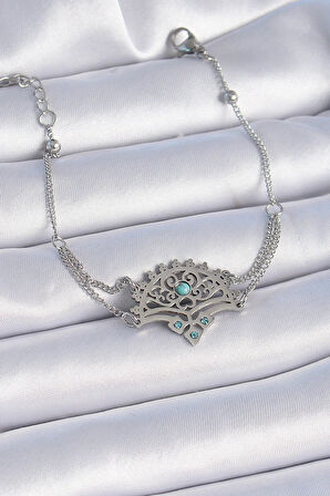 Dodes 316L Çelik Gümüş Renk Mavi Taşlı Etnik Desen Kadın Bileklik TG27BB6436