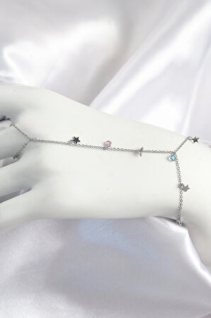 Dodes Pirinç Renkli Zirkon Taşlı Sallantılı Yıldızlı Model Gümüş Renk Kadın Şahmeran TG27SN708