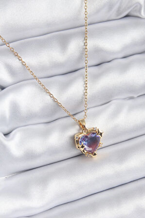 Dodes 316L Çelik Zincir Gold Renk Mor Renk Zirkon Taşlı Kalp Model Kadın Kolye TG27BKO8210