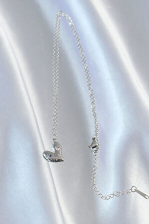 Dodes Dodes 316L Çelik Zincir Gümüş Renk Renkli Zirkon Taşlı Kalp Kolye TG27BKO8906