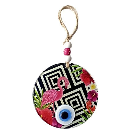 Dodes Pembe Flamingolu Çiçekli Nazar Boncuklu 15 Santimetre Çapında Duvar Süsü