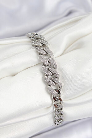 Dodes Pirinç Zirkon Taşlı Küba Zincir Model Gümüş Renk Kadın Bileklik TG27BB7534