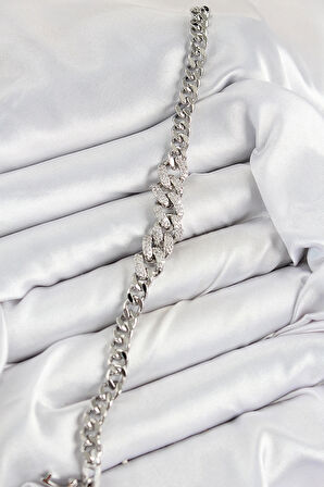 Dodes Pirinç Zirkon Taşlı Küba Zincir Model Gümüş Renk Kadın Bileklik TG27BB7534