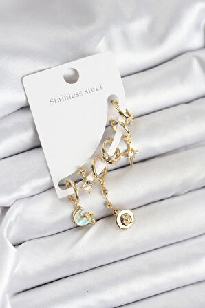 Dodes Dodes Pirinç Gold Renk Ay Model Kadın Set Küpe TG27BKP11219