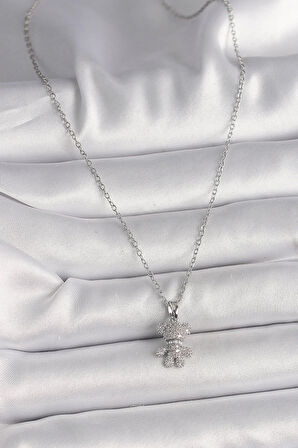 Dodes 316L Çelik Gümüş Renk Zincir Zirkon Taşlı Ayıcık Figür Kadın Kolye TG27BKO9811