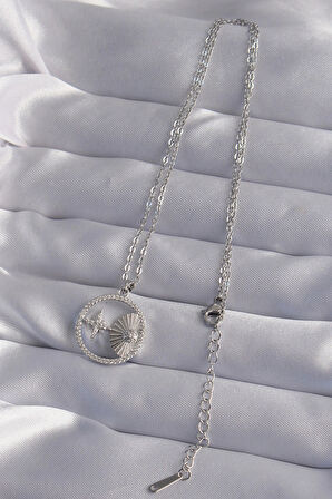 Dodes Dodes 316L Çelik Zincir Gümüş Renk Zirkon Taşlı Yıldız Figürlü Oval Kolye TG27BKO9024