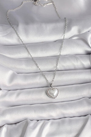 Dodes Dodes 316L Çelik Gümüş Renk Zincir 3D İnci Kalp Model Kadın Kolye TG27BKO9712
