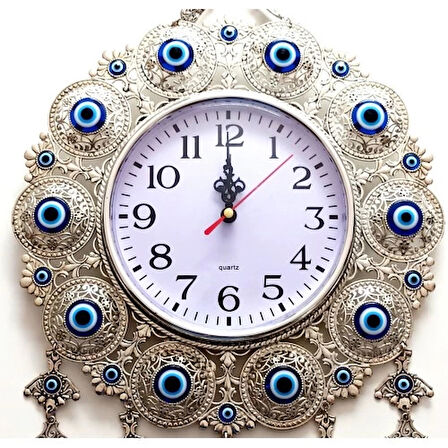 Dodes Nazar Boncuklu Gümüş Kaplama Solmaz Kararmaz Duvar Saati