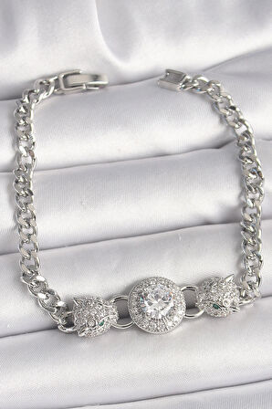 Dodes Pirinç Gümüş Renk Zirkon Taşlı Leopar Figür Zincir Model Kadın Bileklik TG27BB6829