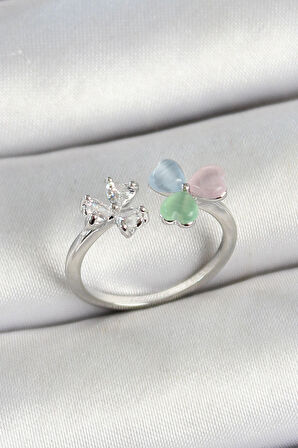 Dodes Pirinç Kalp Figürlü Zirkon Taşlı Gümüş Renk Ayarlanabilir Kadın Yüzük TG27BYK3763