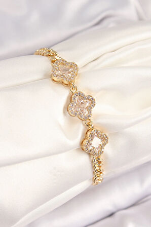 Dodes Dodes Pirinç Zirkon Taşlı Yonca Model Gold Renk Kadın Bileklik TG27BB7897