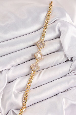 Dodes Dodes Pirinç Zirkon Taşlı Yonca Model Gold Renk Kadın Bileklik TG27BB7897
