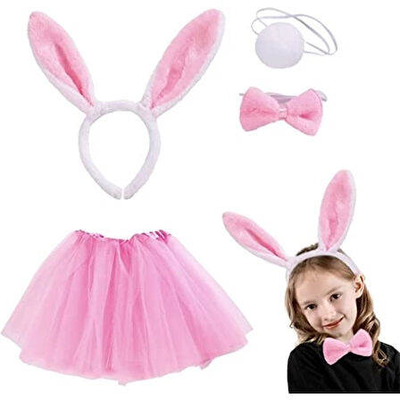 Dodes Pembe Tavşan Tacı Etek Papyon Kuyruk Kostüm Seti Çocuk Boy