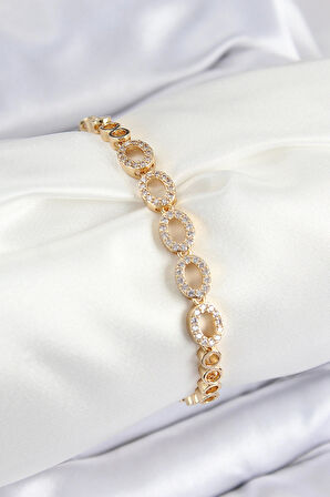 Dodes Dodes Pirinç Zirkon Taşlı Oval Model Gold Renk Kadın Bileklik TG27BB7543