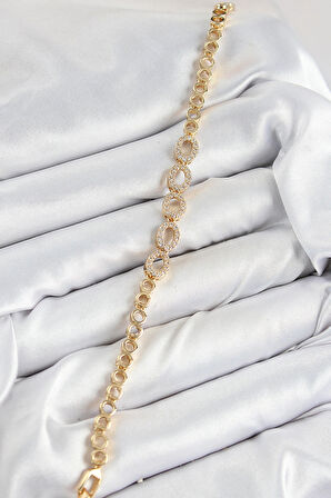 Dodes Dodes Pirinç Zirkon Taşlı Oval Model Gold Renk Kadın Bileklik TG27BB7543