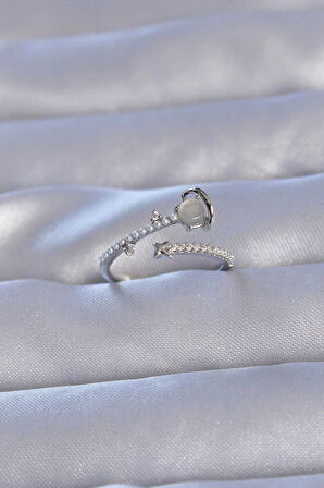 Dodes Pirinç Gümüş Renk Zirkon Taşlı İncili Satürn Model Ayarlanabilir Yüzük TG27BYK3222