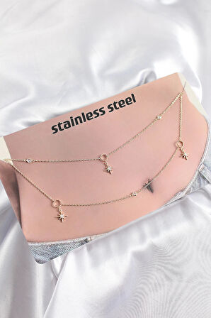 Dodes 316L Çelik Zirkon Taşlı Kutup Yıldızı Model Gold Renk Göbek Bel Zinciri TG27BKGZ10344