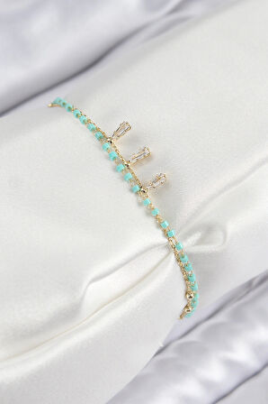Dodes Dodes Pirinç Zirkon Taşlı Mavi Boncuklu Model Gold Renk Kadın Bileklik TG27BB7599