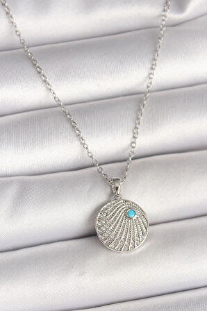 Dodes 316L Çelik Gümüş Renk Zincir Zirkon Taşlı Mavi Taş Detaylı Madalyon Model Kadın Kolye TG27BKO9965