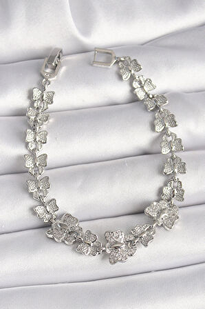 Dodes Pirinç Gümüş Renk Zirkon Taşlı Kelebek Model Zincir Kadın Bileklik TG27BB6835