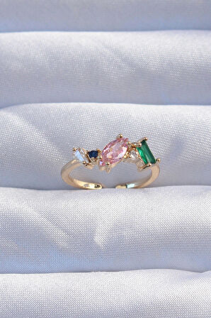 Dodes Dodes Pirinç Gold Renk Renkli Zirkon Taşlı Ayarlanabilir Yüzük TG27BYK3237