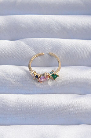 Dodes Dodes Pirinç Gold Renk Renkli Zirkon Taşlı Ayarlanabilir Yüzük TG27BYK3237