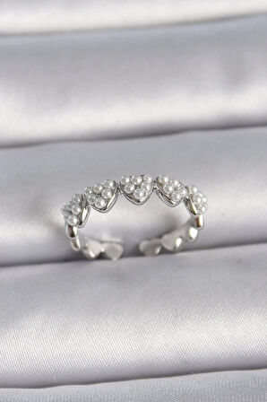 Dodes Pirinç Gümüş Renk Ayarlanabilir İncili Kalp Model Kadın Yüzük TG27BYK3411