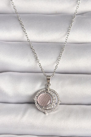 Dodes Dodes 316L Çelik Gümüş Renk Zirkon Taşlı Pembe Sedefli Hilal Model Kadın Kolye TG27BKO9701