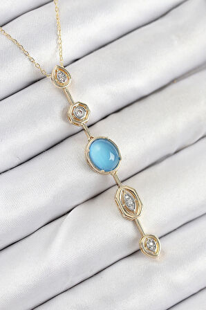 Dodes Pirinç Zincir Mavi Gold Renk Zirkon Taşlı Y Kolye TG27BKO10558