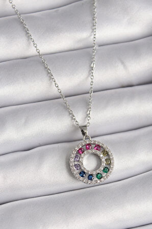 Dodes Dodes 316L Çelik Gümüş Renk Zincir Renkli Zirkon Taşlı Madalyon Model Kadın Kolye TG27BKO9489
