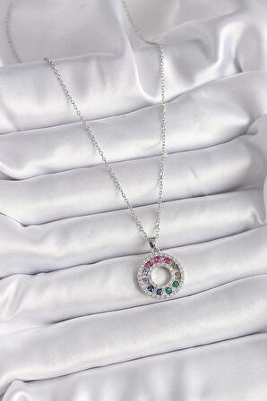 Dodes Dodes 316L Çelik Gümüş Renk Zincir Renkli Zirkon Taşlı Madalyon Model Kadın Kolye TG27BKO9489