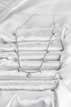 Dodes Dodes Pirinç Gümüş Renk Zirkon Taşlı Deniz Kabuğu Model Kadın Kolye TG27BKO10656