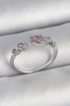 Dodes Pirinç Gümüş Renk Pembe Damla Zirkon Taşlı Ayarlanabilir Model Kadın Yüzük TG27BYK3734