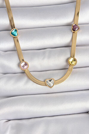 Dodes 316L Çelik Gold Renk İtalyan Zincir Renkli Zirkon Taşlı Kalp Figür Kadın Kolye TG27BKO10117