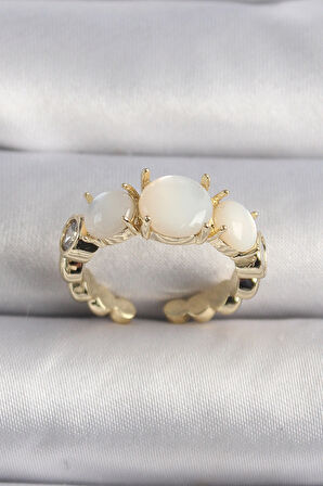 Dodes Dodes Pirinç Gold Renk Zirkon Taş Detaylı Beyaz Sedefli VIP Seri Kadın Yüzük TG27BYK3504