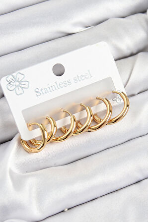Dodes 316L Çelik Halka Model Gold Renk 3'lü Set Kadın Küpe TG27BKP10983