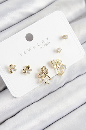 Dodes Dodes Pirinç Zirkon Taşlı Kelebek Model Gold Renk 925 Ayar Gümüş Çivi Kadın Küpe Set TG27BKP11182