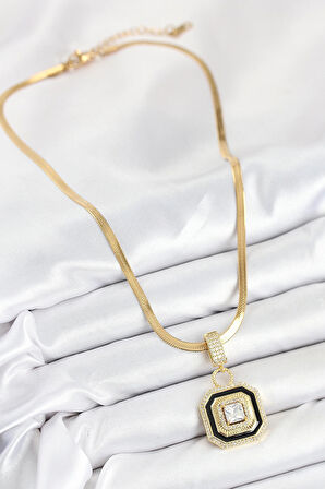 Dodes 316L Çelik Zirkon Taşlı Siyah Detaylı Baget Model Gold Renk Kadın Kolye TG27BKO10529