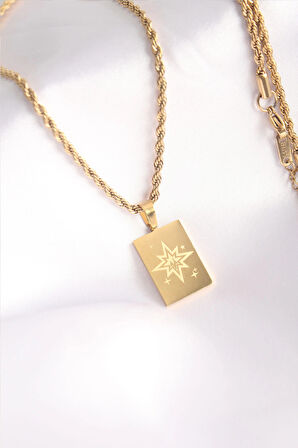 Dodes 316L Çelik Gold Renk Burgu Zincir Kutup Yıldızı İşleme Plaka Figür Kadın Kolye TG27BKO8451