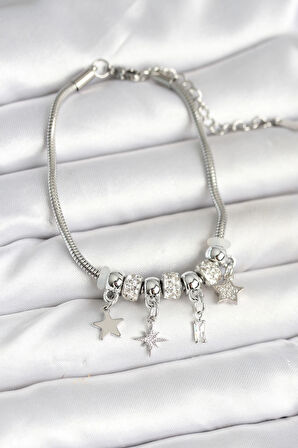 Dodes Pirinç Gümüş Renk Kutup Yıldızı Charmlı Kadın Bileklik TG27BB7992